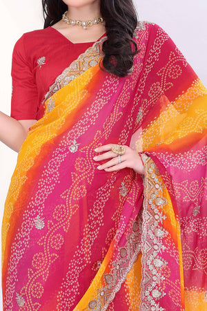 Pink Georgette Saree Showcasing Bandhani Print & Delicate Floral Sequins Embroidery