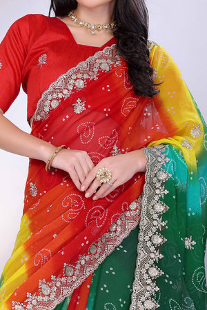 Multicolor Georgette Saree Showcasing Bandhani Print & Delicate Floral Sequins Embroidery