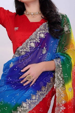 Multicolor Georgette Saree Showcasing Bandhani Print & Delicate Floral Sequins Embroidery