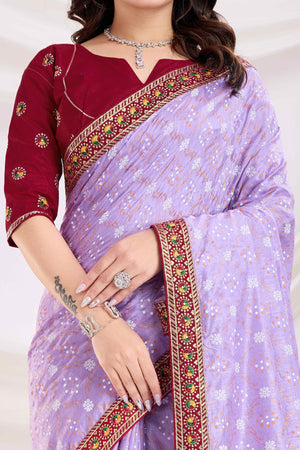 Lavender Bandhani Printed Vichitra Silk Saree With Embroidery Border