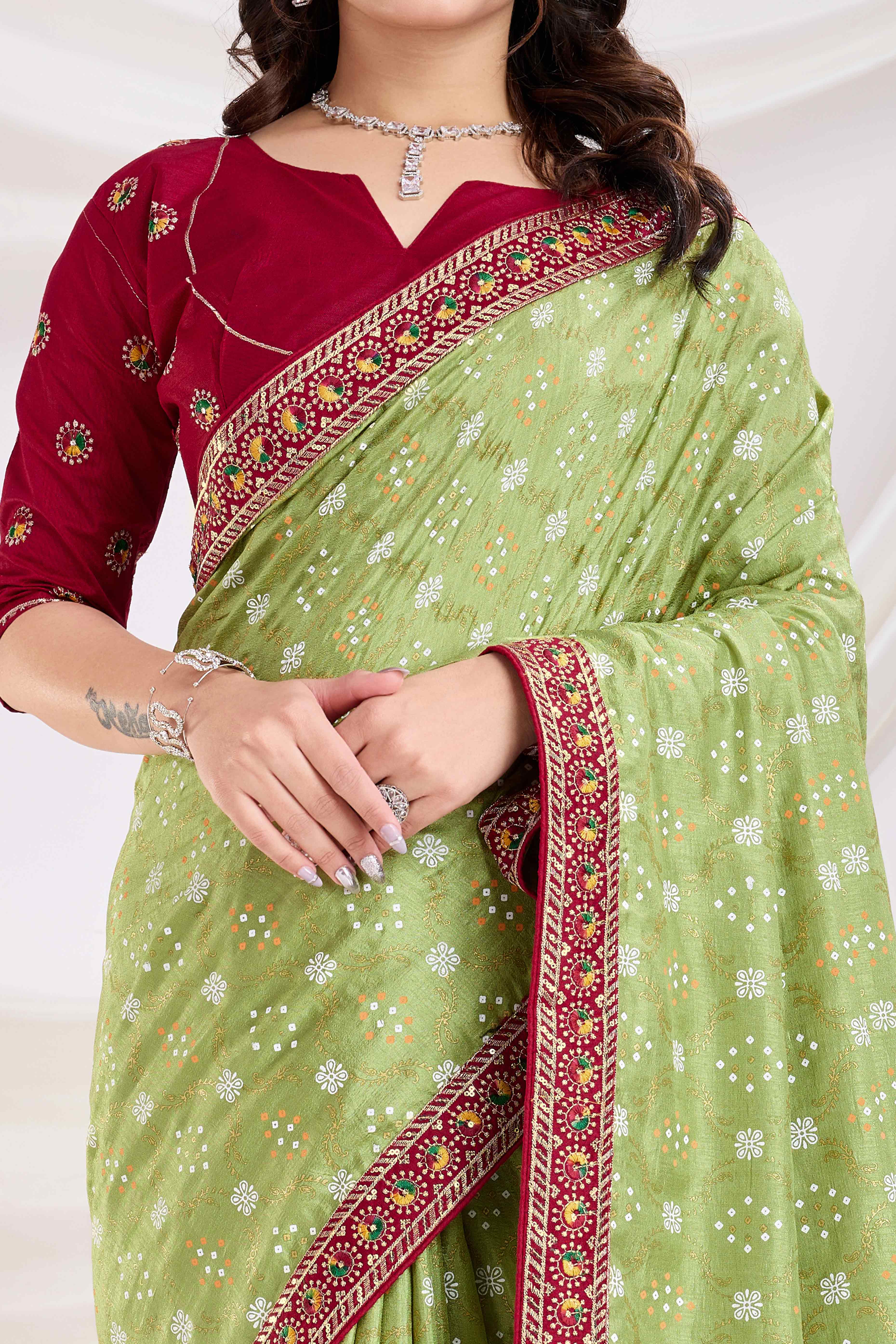 Green Bandhani Printed Vichitra Silk Saree With Embroidery Border