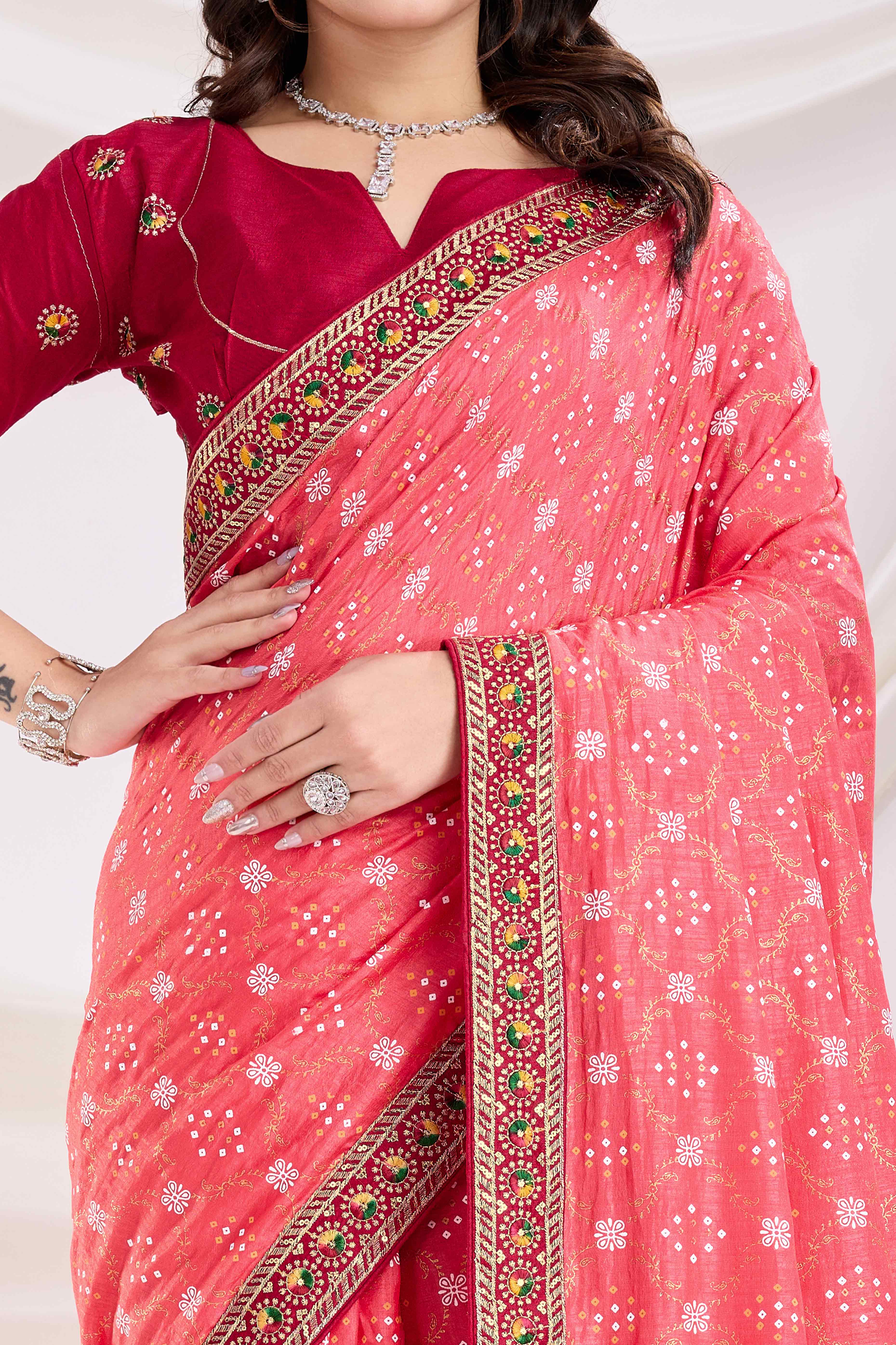 Gajari Pink Bandhani Printed Vichitra Silk Saree With Embroidery Border