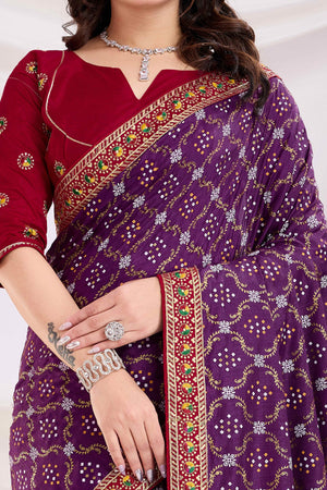 Wine Bandhani Printed Vichitra Silk Saree With Embroidery Border