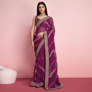 Purple Floral Sequins Embroidered Organza Saree