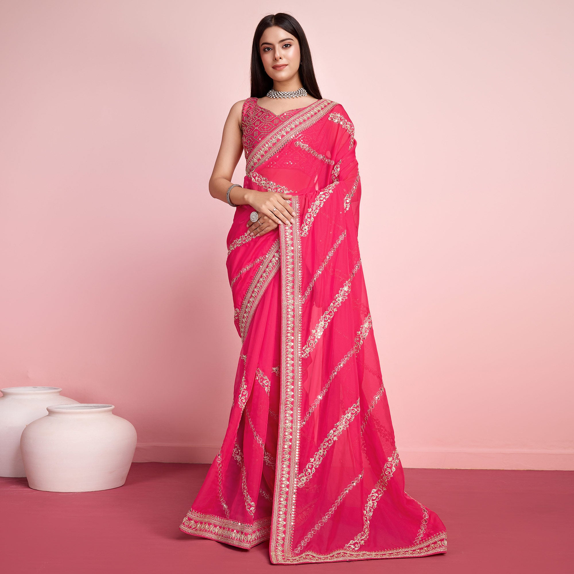 Pink Floral Sequins Embroidered Organza Saree