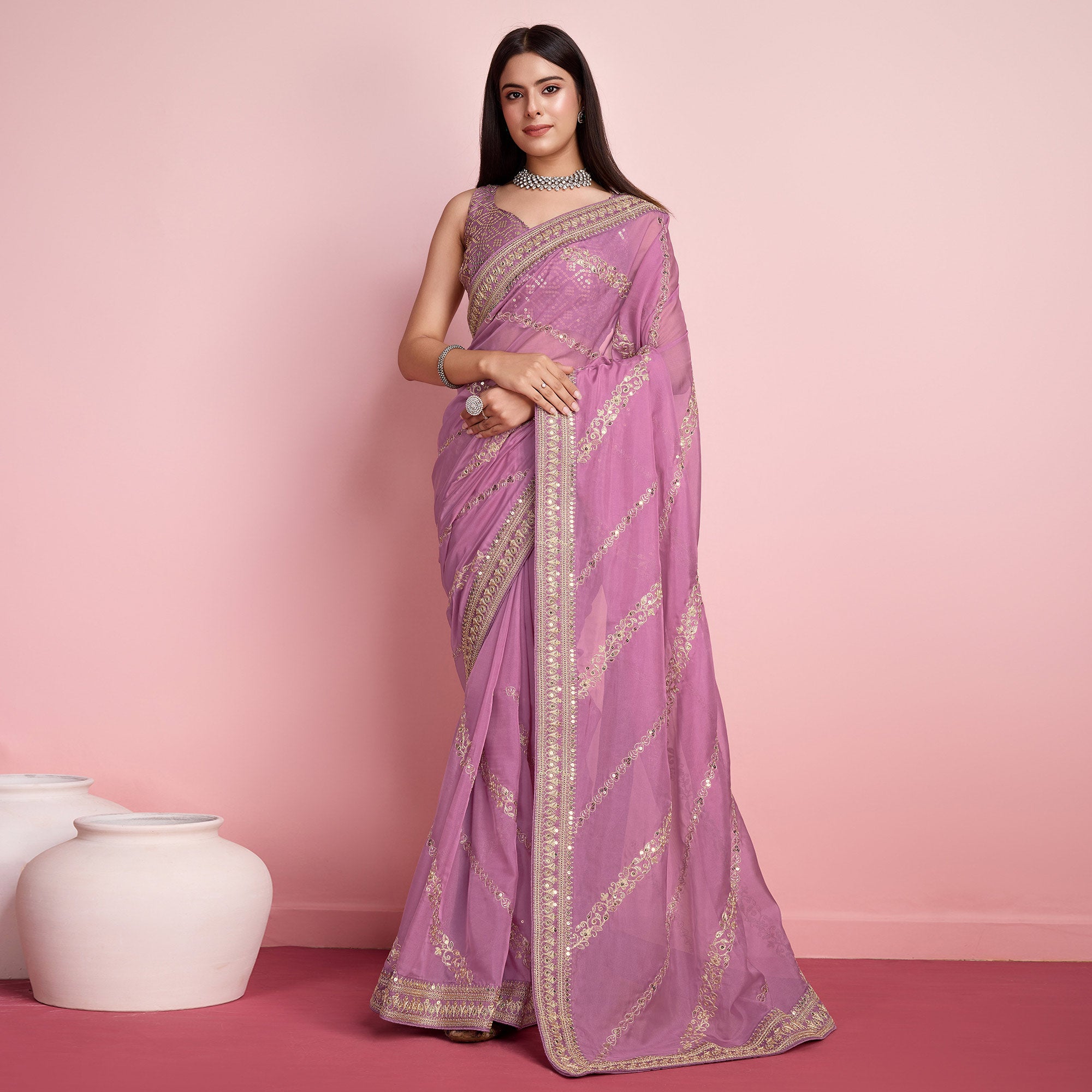 Pink Floral Sequins Embroidered Organza Saree