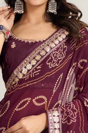 Wine Bandhani Digital Printed Georgette Saree Enhanced With Cording Embroidered Border
