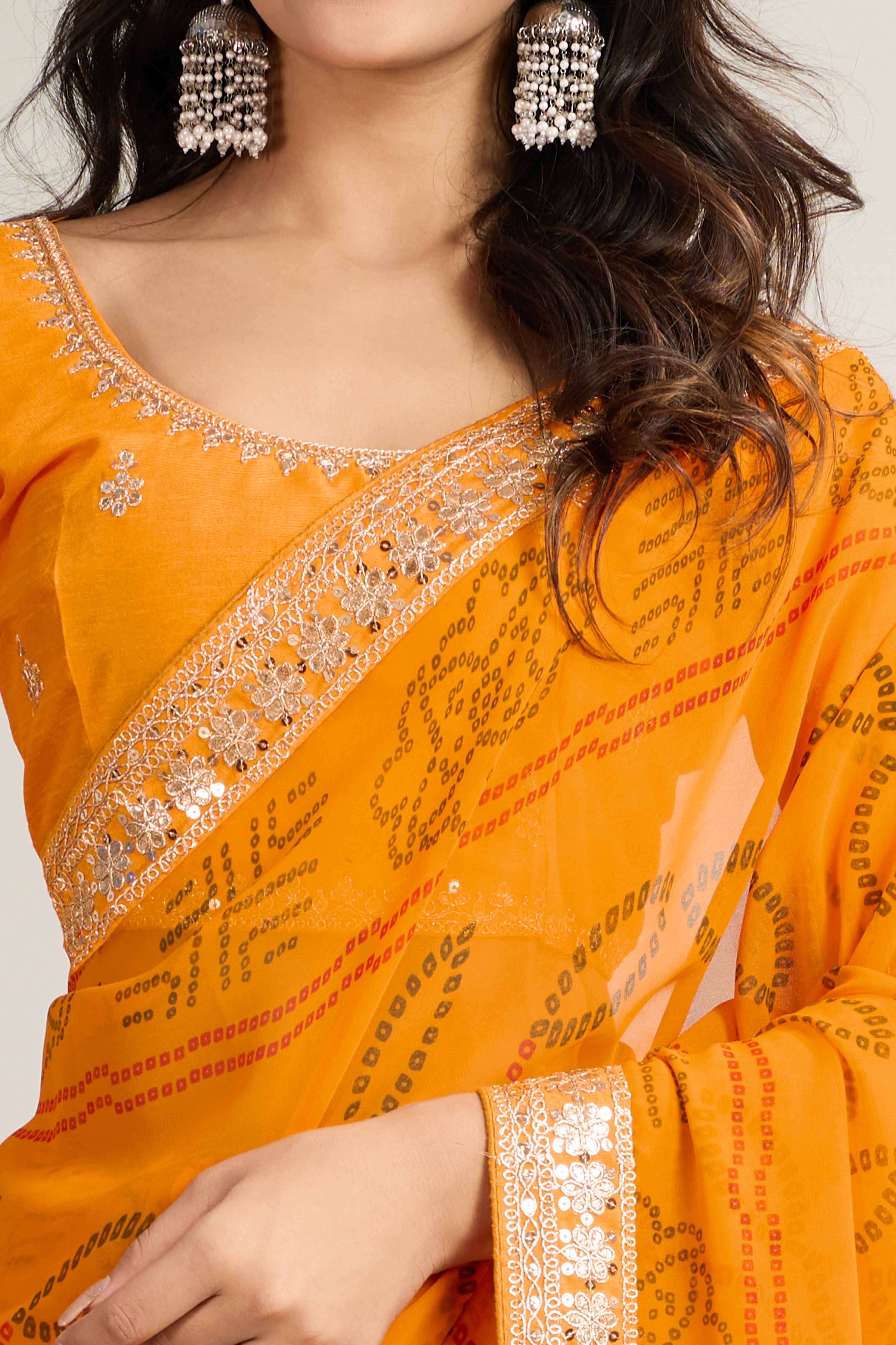 Mustard Bandhani Digital Printed Georgette Saree Enhanced With Cording Embroidered Border
