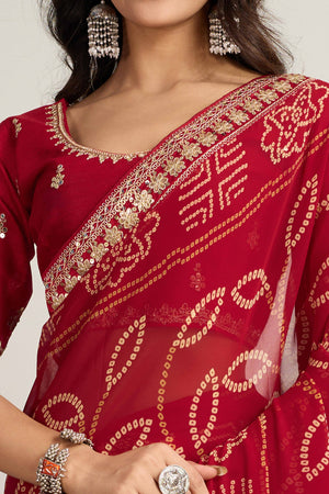 Red Bandhani Digital Printed Georgette Saree Enhanced With Cording Embroidered Border