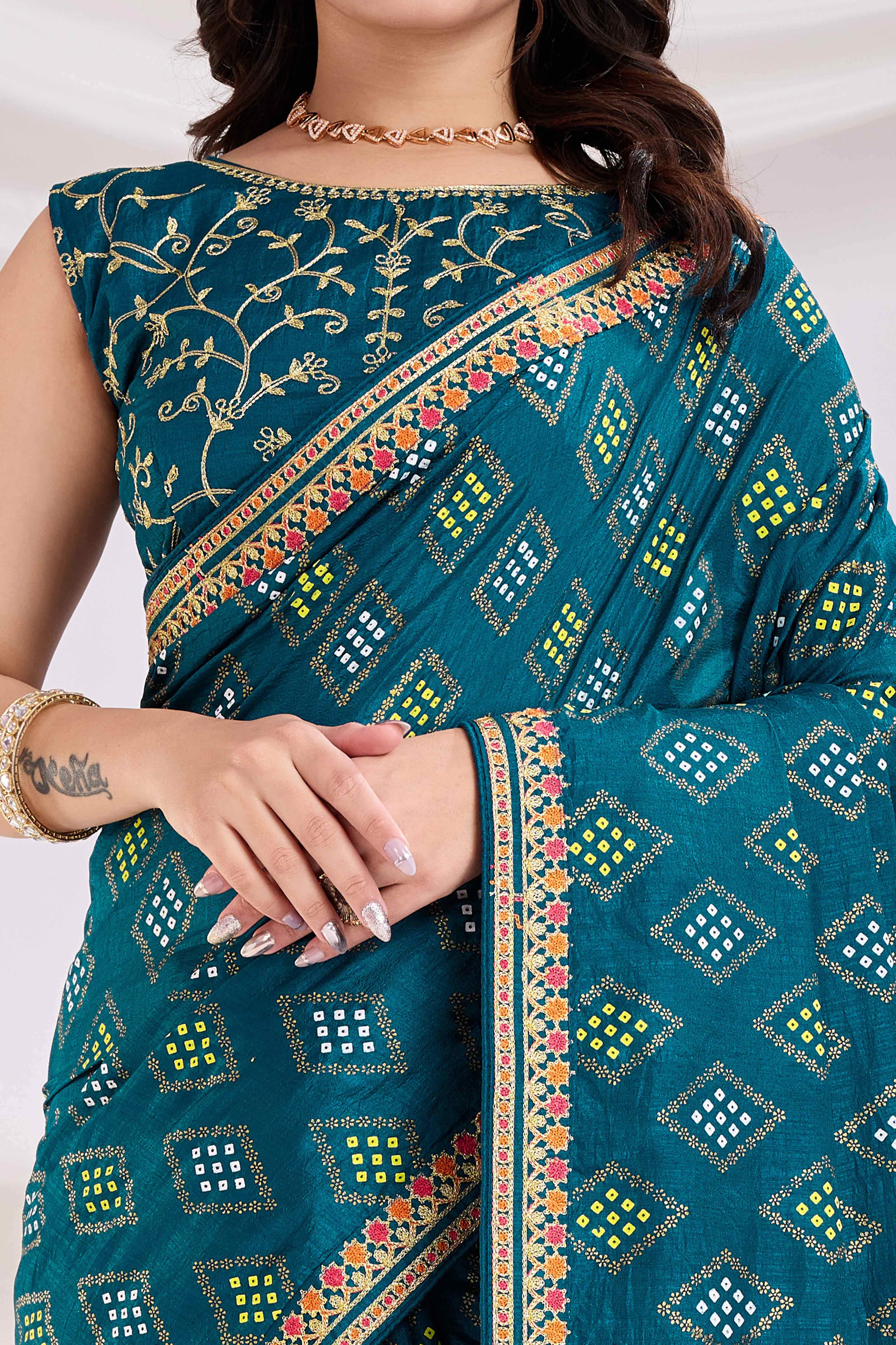 Teal Bandhani Printed Vichitra Silk Saree With Embroidery Border