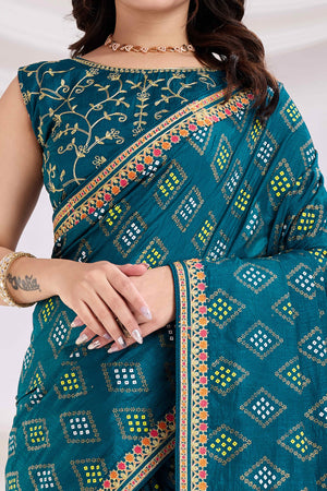 Teal Bandhani Printed Vichitra Silk Saree With Embroidery Border