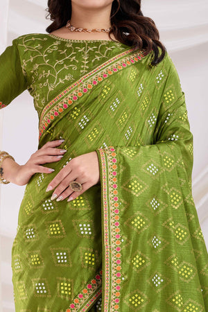 Green Bandhani Printed Vichitra Silk Saree With Embroidery Border