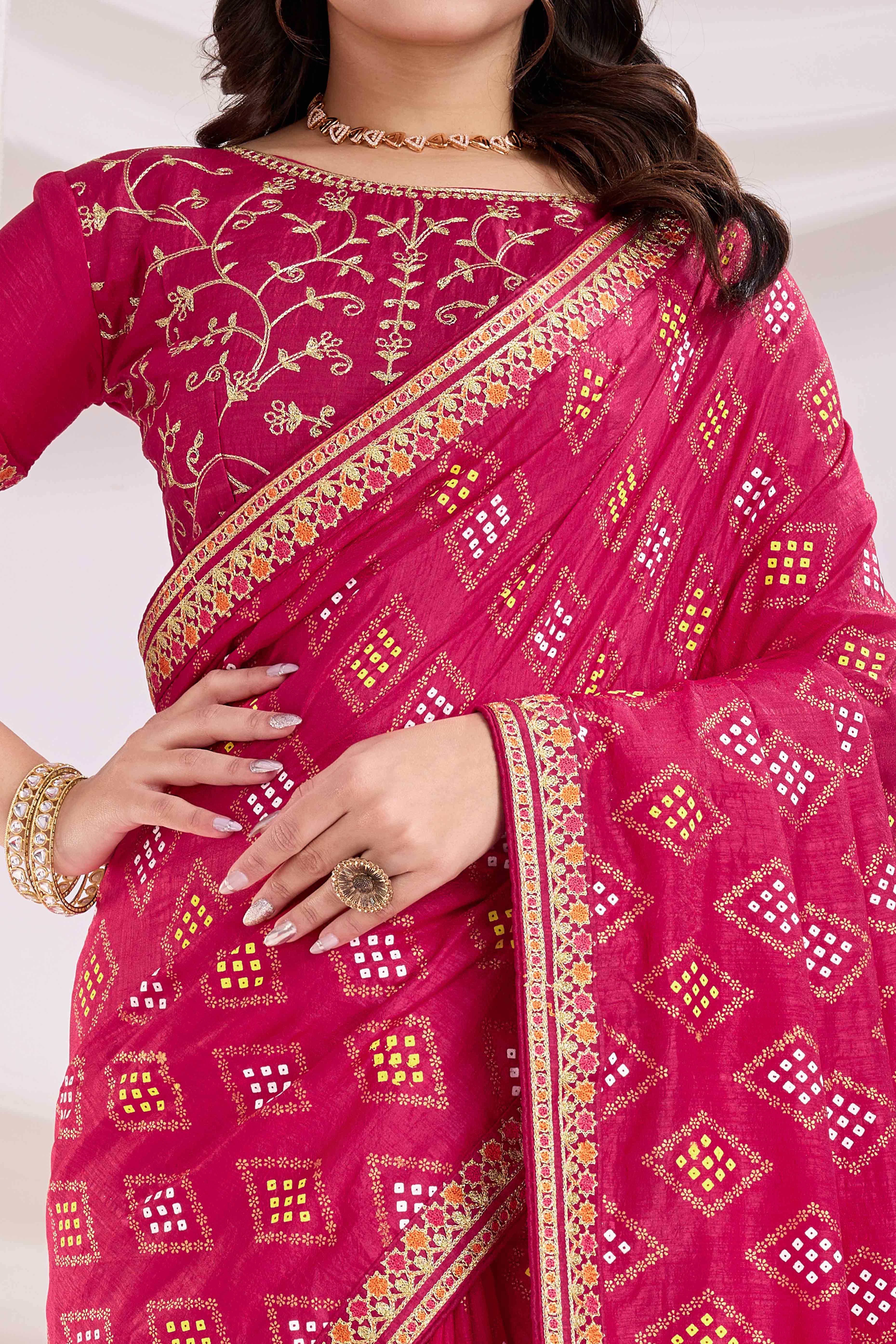 22Pink Bandhani Printed Vichitra Silk Saree With Embroidery Border