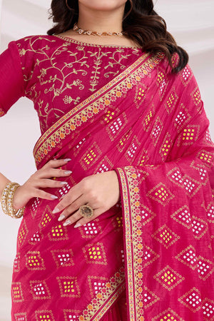 22Pink Bandhani Printed Vichitra Silk Saree With Embroidery Border
