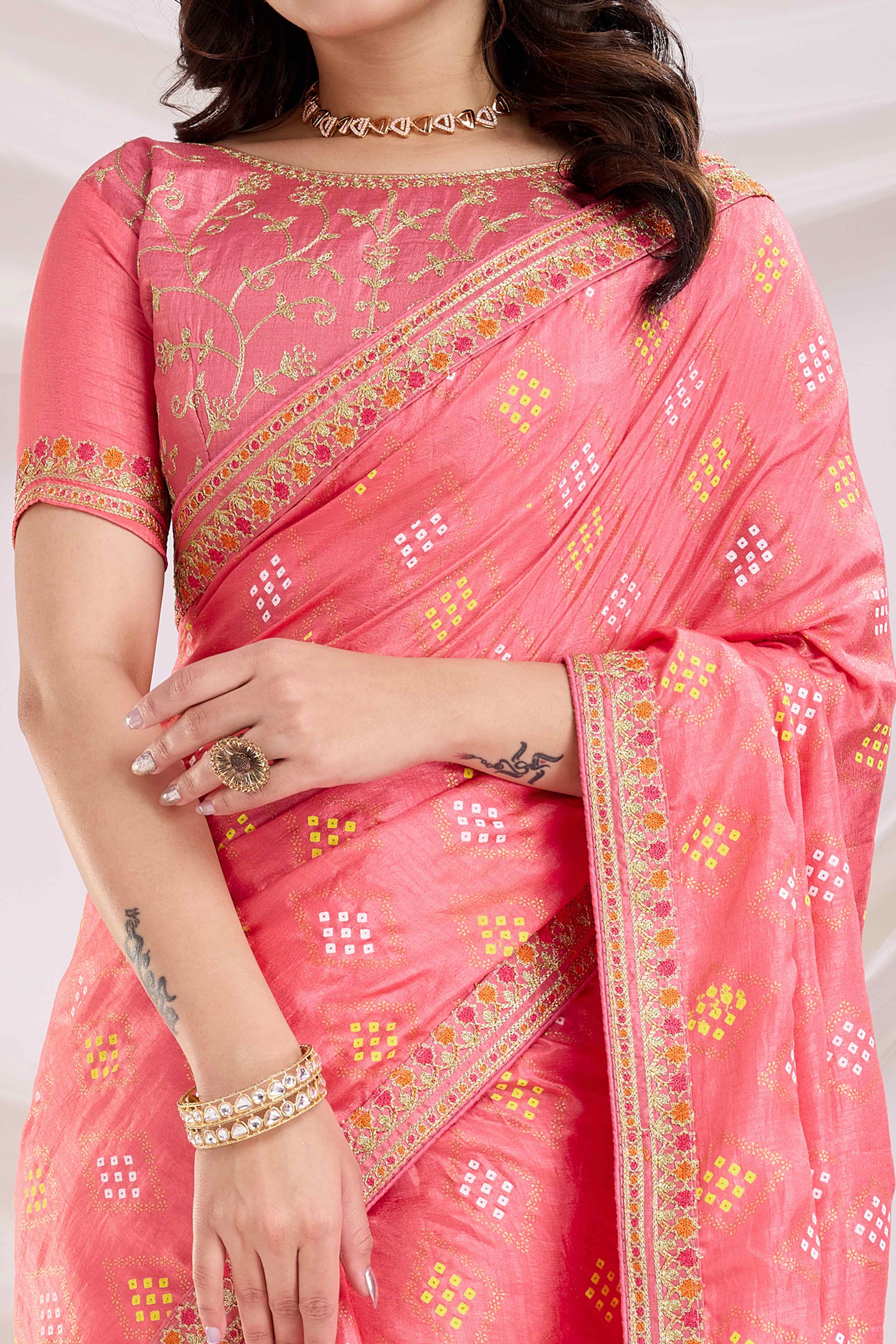 Peach Bandhani Printed Vichitra Silk Saree With Embroidery Border