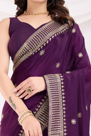 Wine Saree In Chinon Silk Featuring Delicate Floral Embroidery & Sparkling Sequins