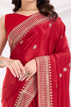 Red Saree In Chinon Silk Featuring Delicate Floral Embroidery & Sparkling Sequins