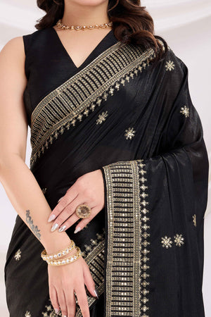 Black Saree In Chinon Silk Featuring Delicate Floral Embroidery & Sparkling Sequins