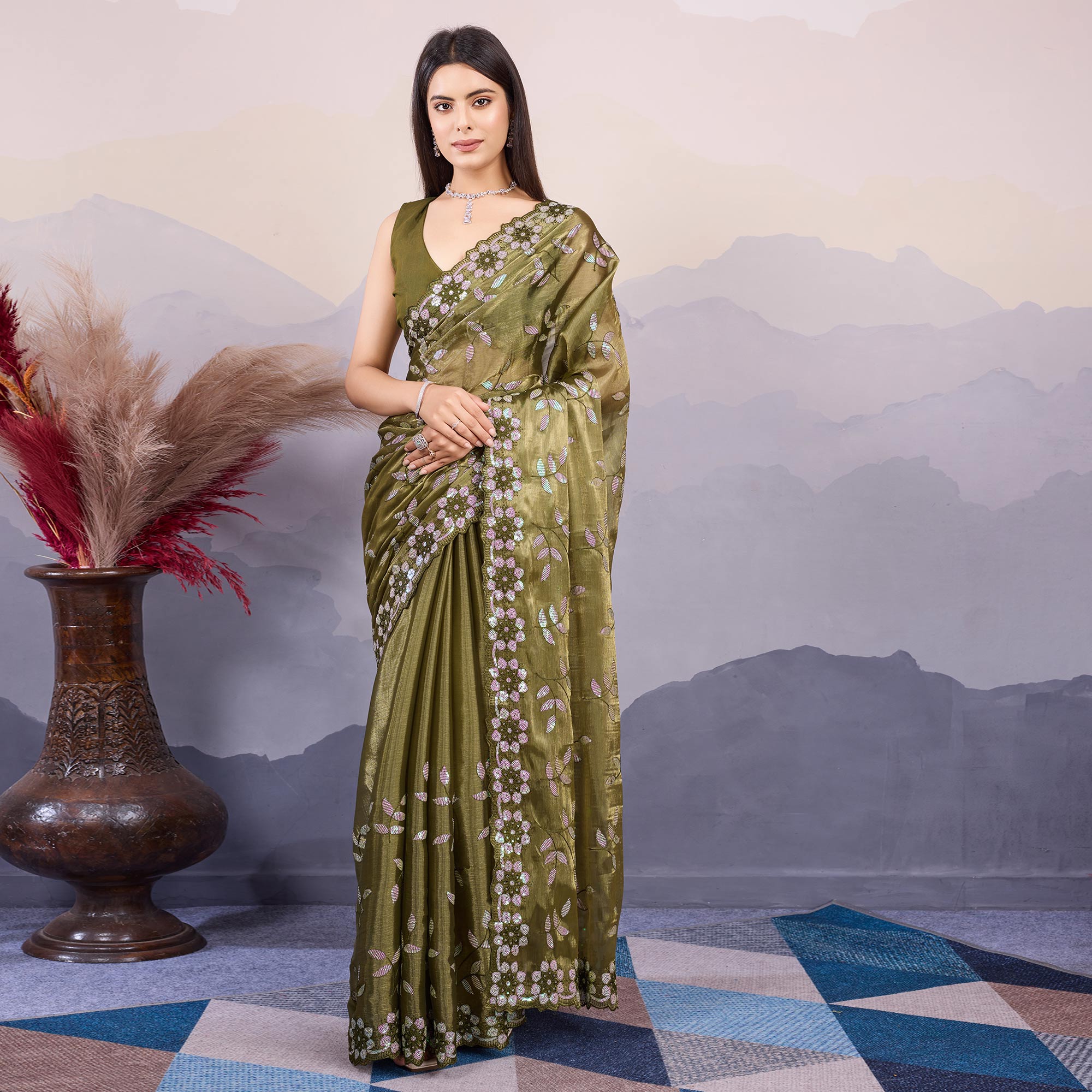 Mehandi Green Sequins Embroidered Art Silk Saree