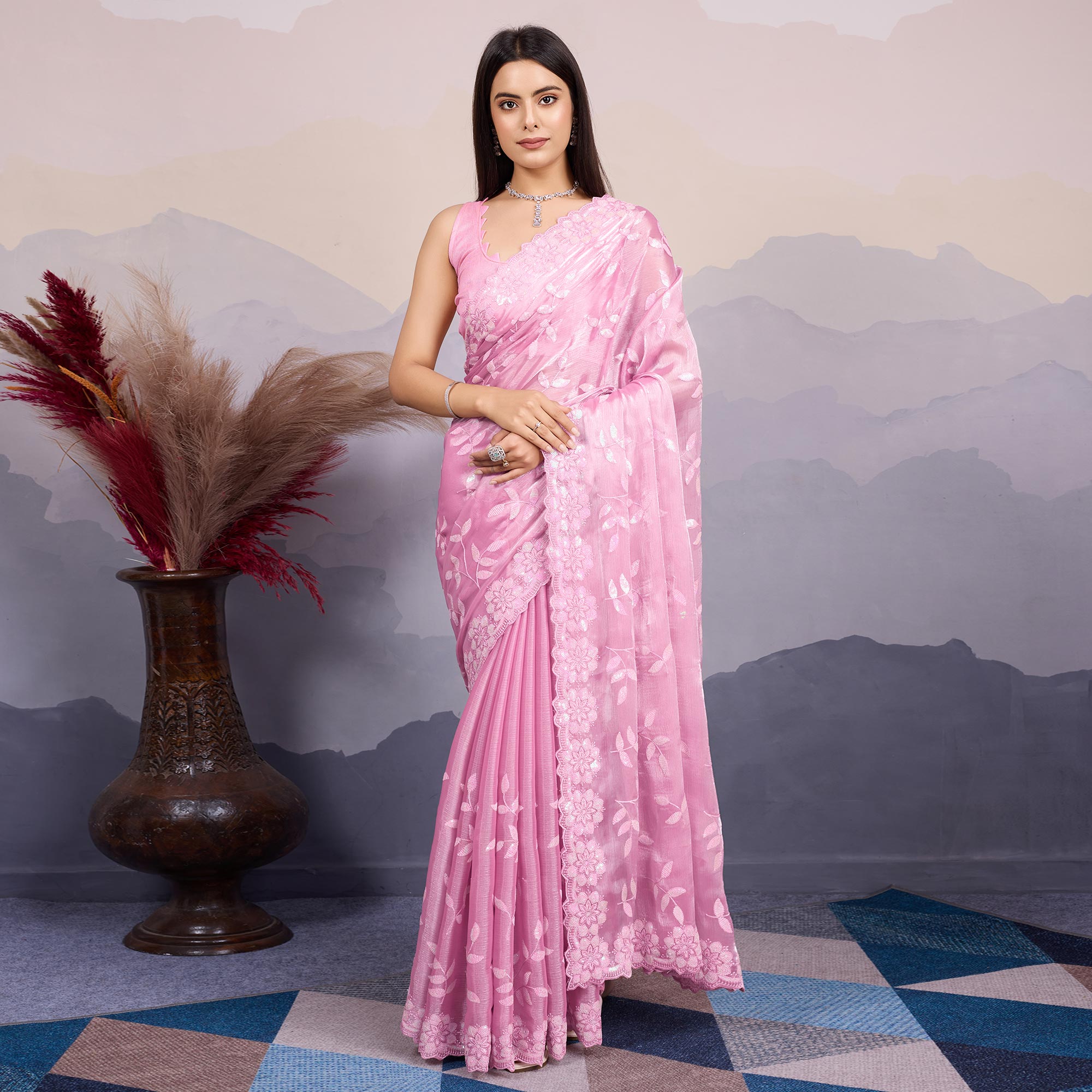 Pink Sequins Embroidered Art Silk Saree