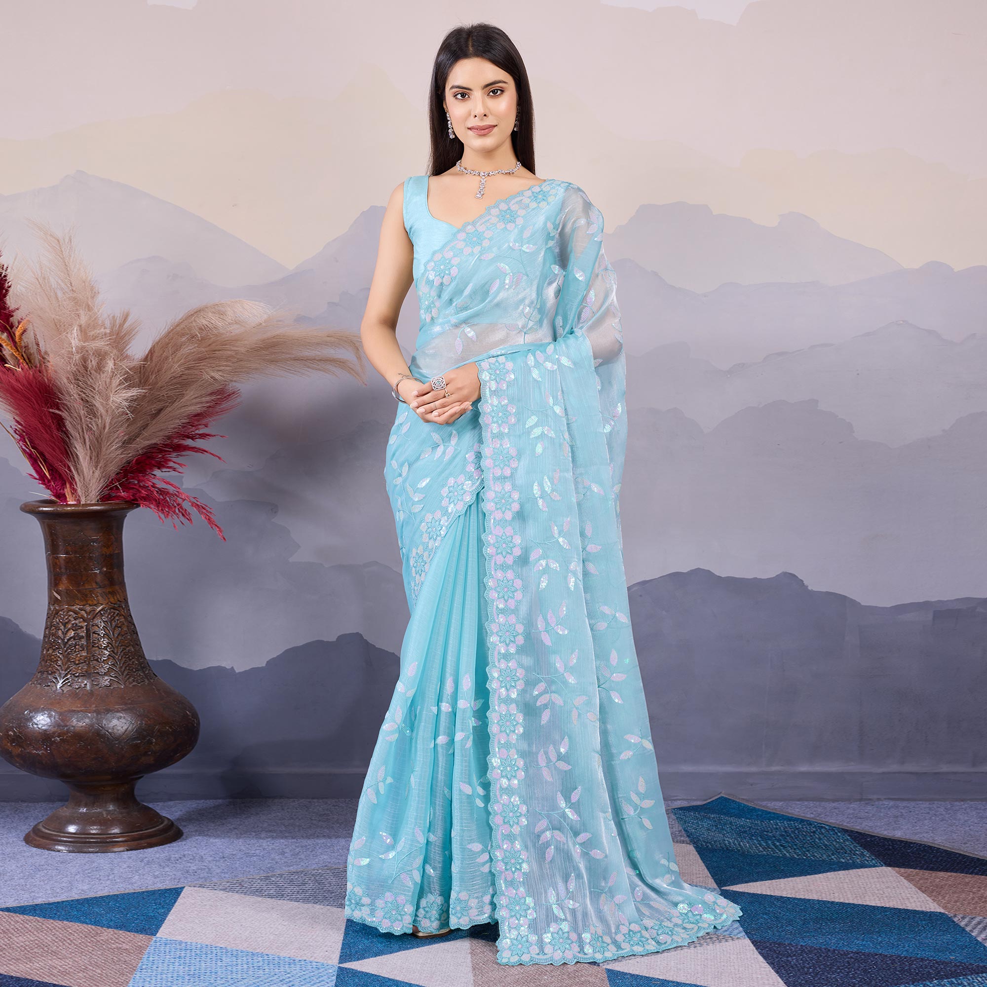 Sky Blue Sequins Embroidered Art Silk Saree