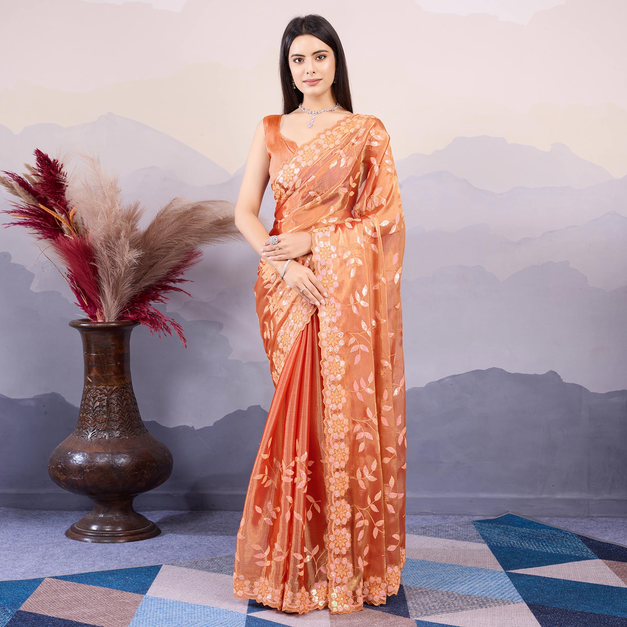 Burnt Orange Sequins Embroidered Art Silk Saree