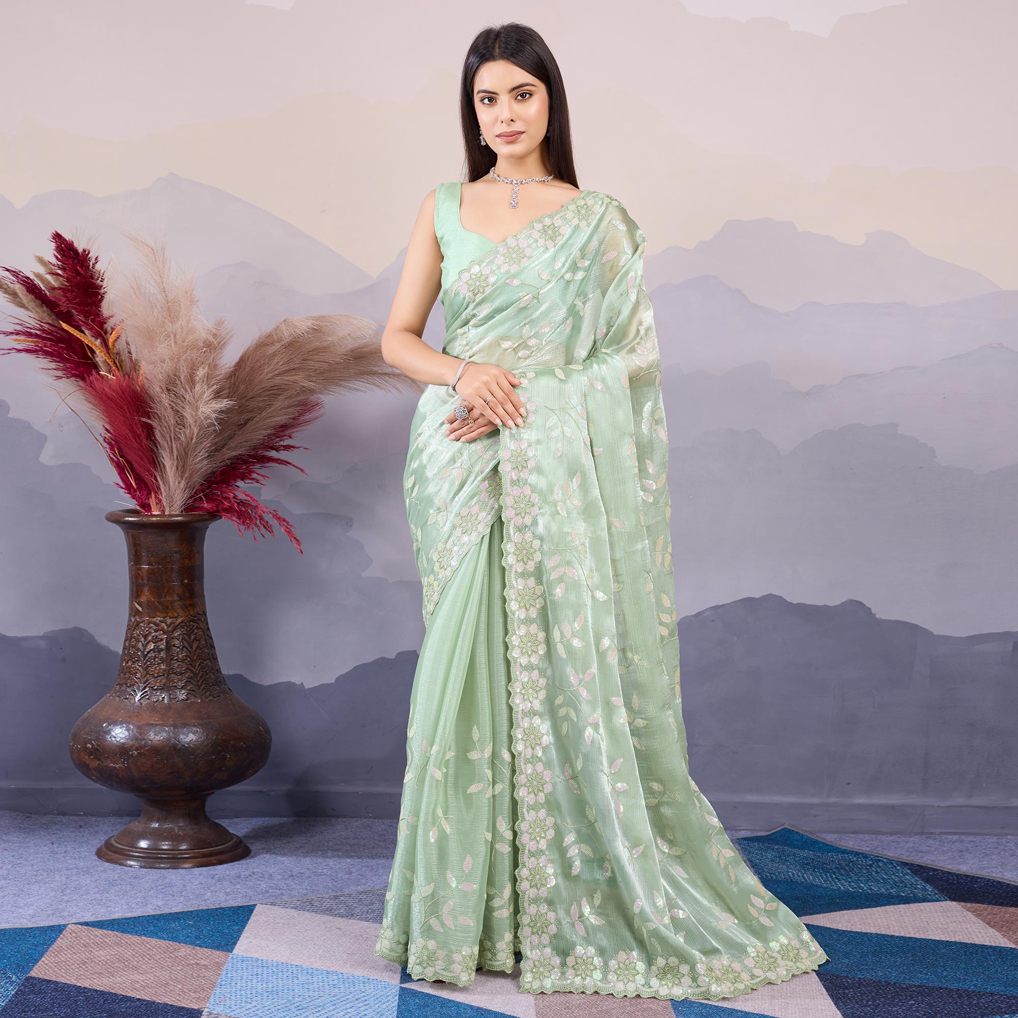 Mint Green Sequins Embroidered Art Silk Saree