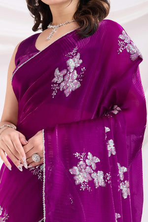 Purple Saree With Exquisite Floral Sequins Embroidery On Luxe Jimmy Choo Silk Blend