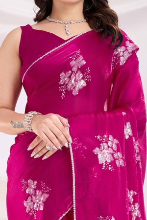Rani Pink Saree With Exquisite Floral Sequins Embroidery On Luxe Jimmy Choo Silk Blend