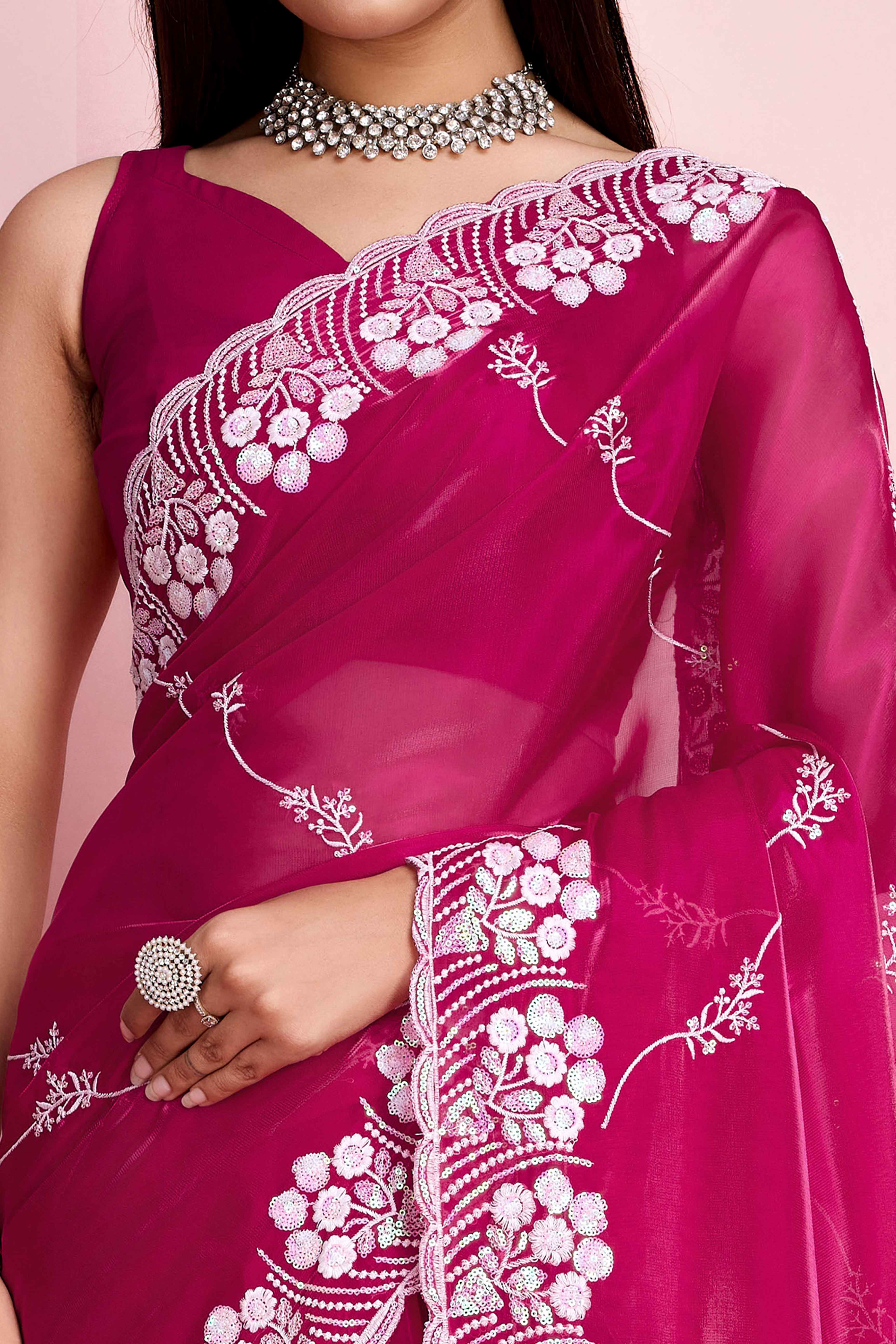Rani Pink Floral Sequins Embroidered Jimmy Choo Tissue Saree
