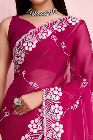 Rani Pink Floral Sequins Embroidered Jimmy Choo Tissue Saree