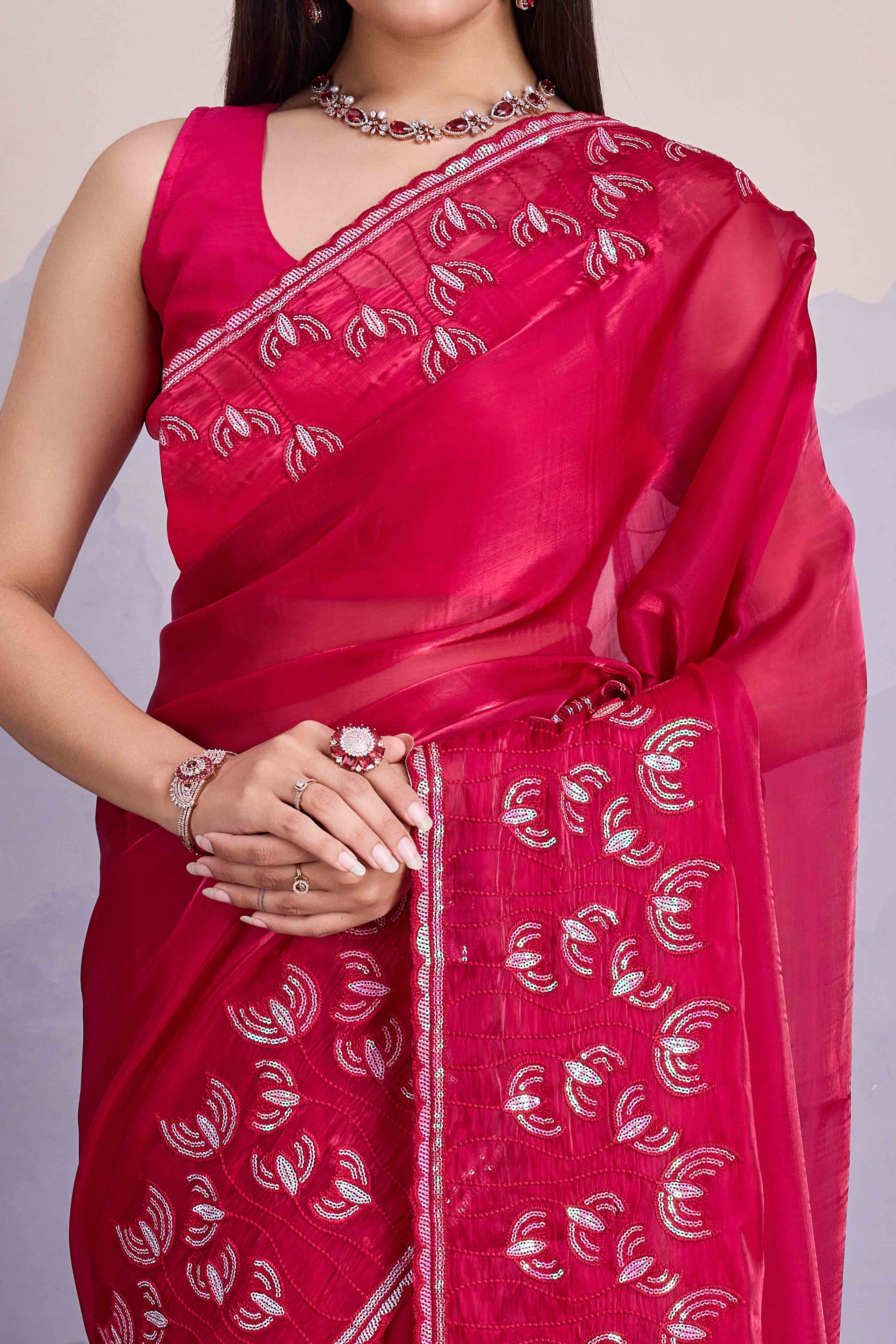 Pink Floral Sequins Embroidered Jimmi Choo Zoya Silk Saree