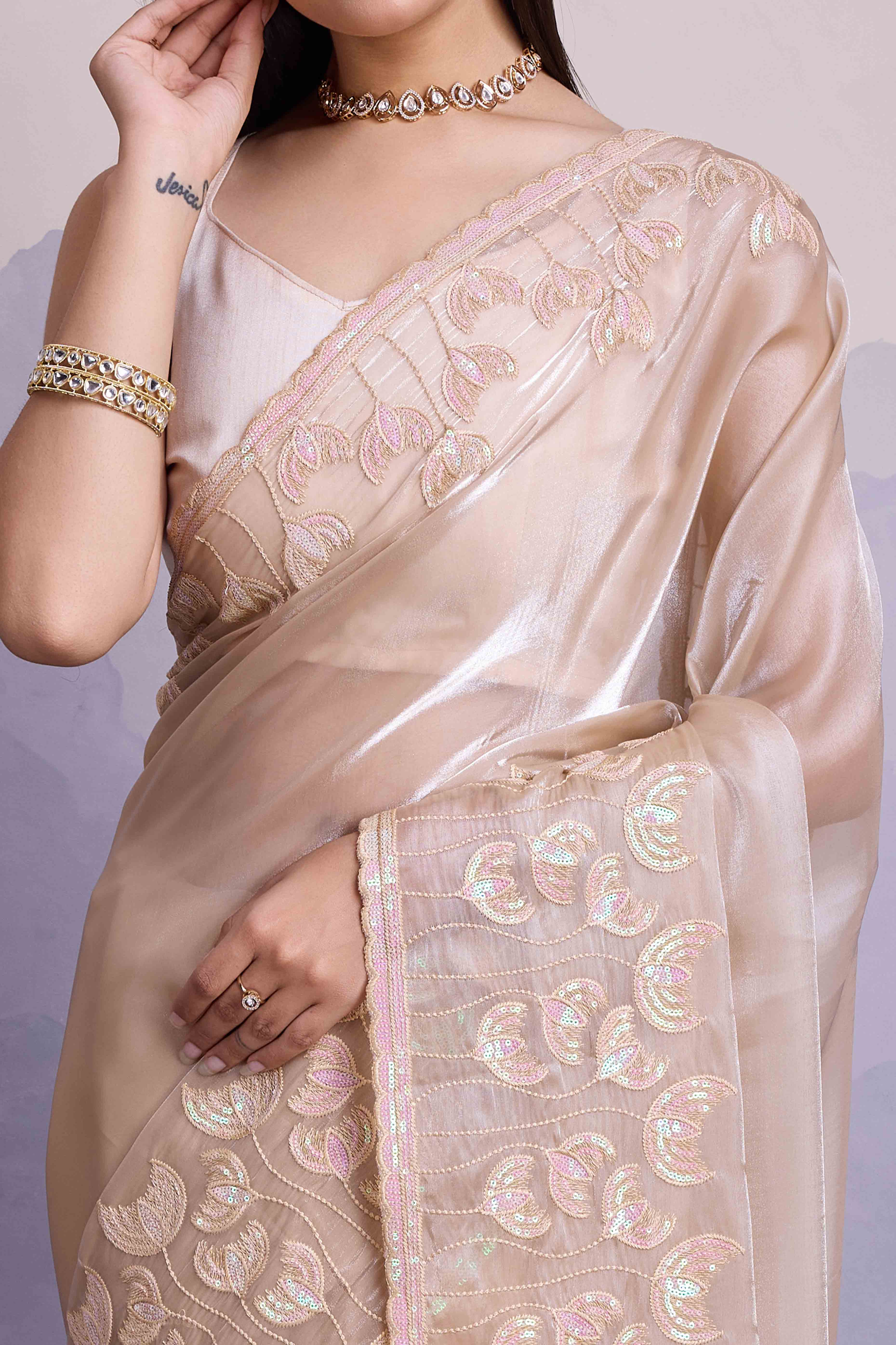 Cream Floral Sequins Embroidered Jimmi Choo Zoya Silk Saree