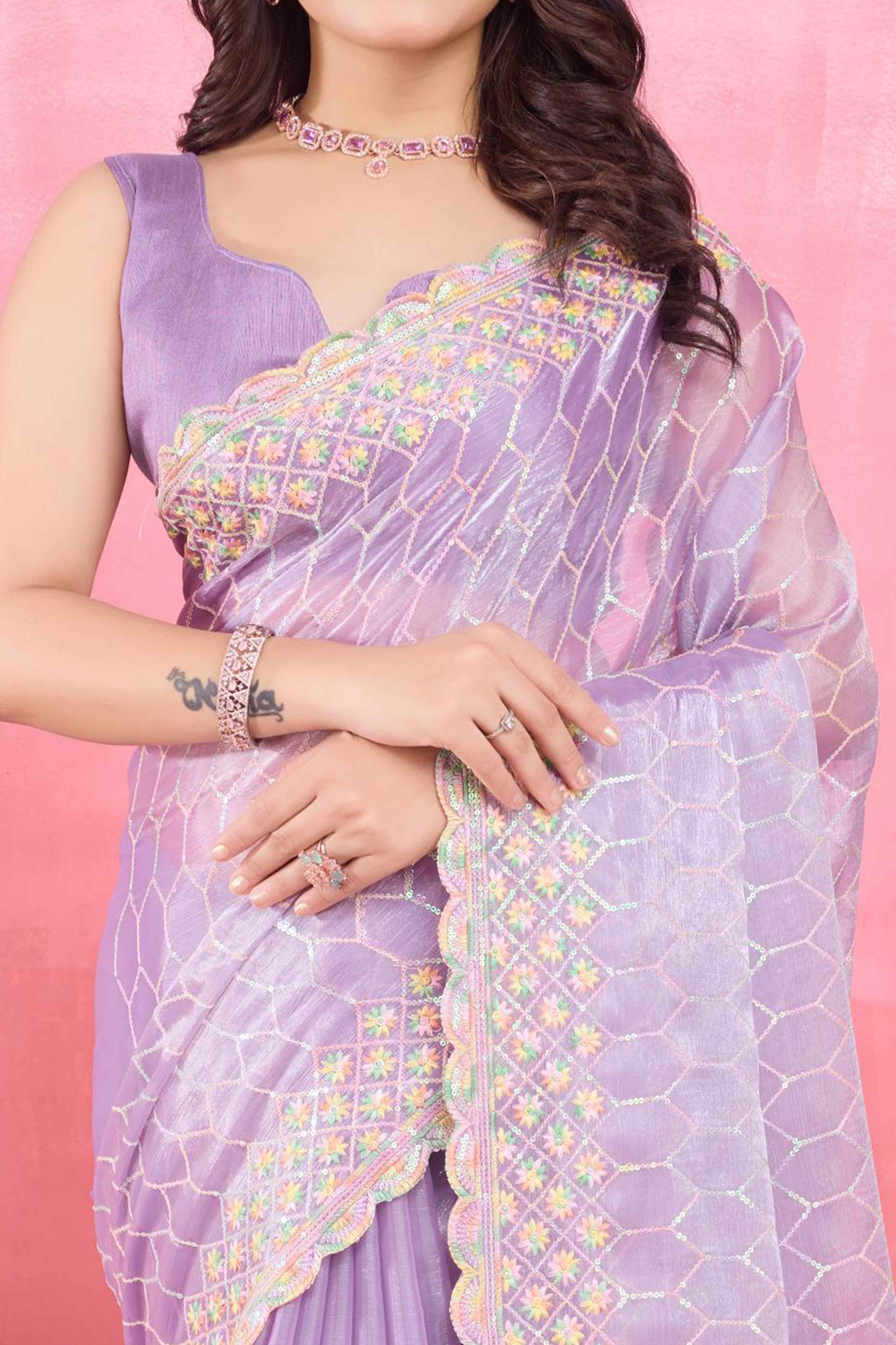 Lavender Floral Sequins Embroidered Mulberry Silk Saree