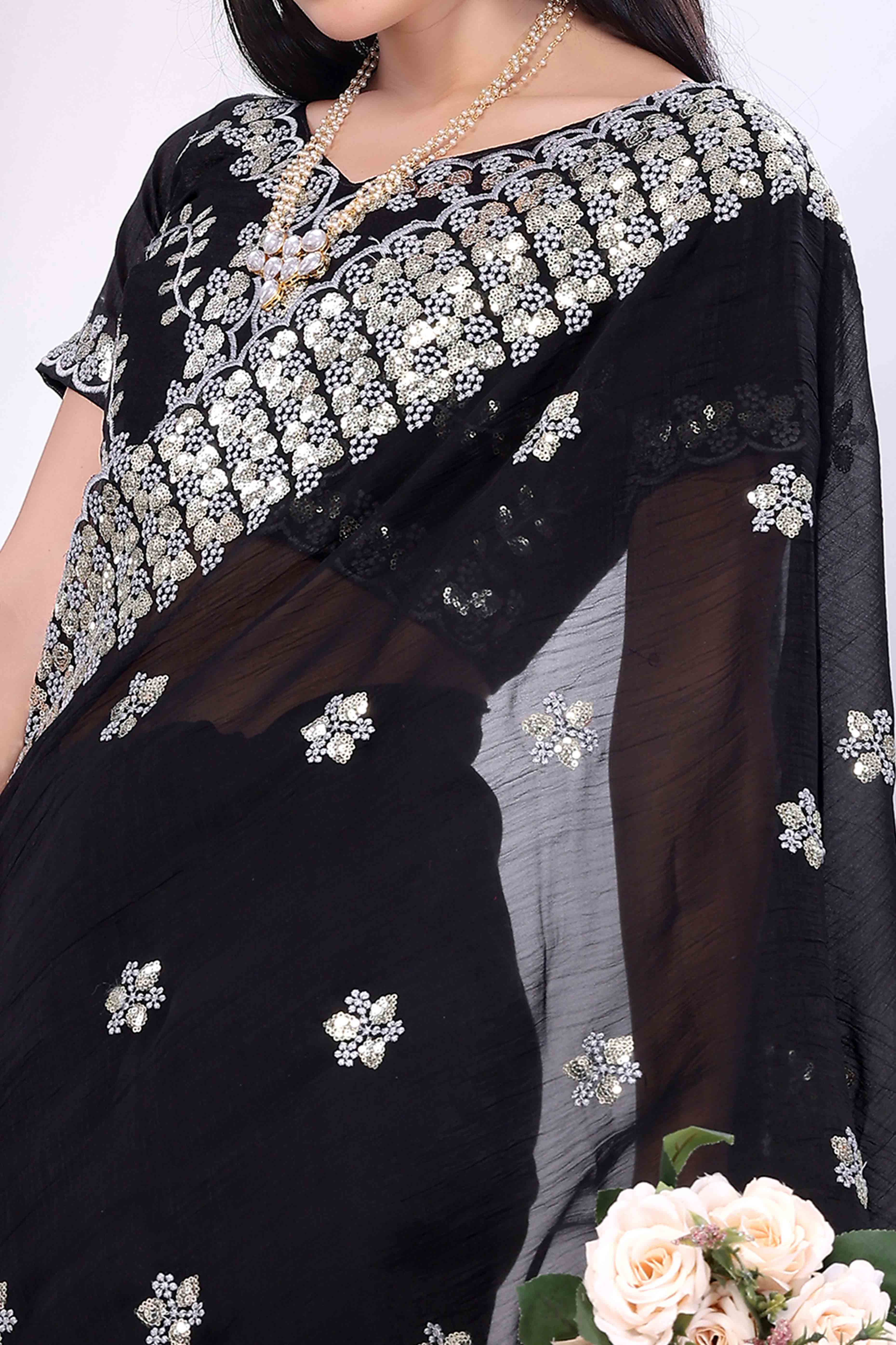 Black Crunchy Organza Silk Saree Adorned With Intricate Floral Sequins Embroidery