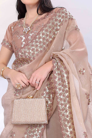 Beige Crunchy Organza Silk Saree Adorned With Intricate Floral Sequins Embroidery