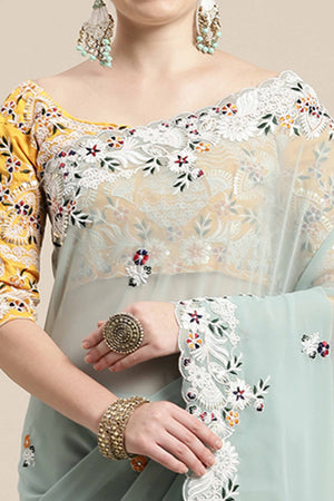 Partywear Mint Green Georgette Saree with Floral Embroidery