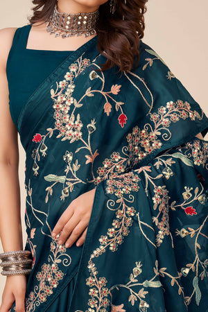 Teal Rangoli Art Silk Saree Featuring Intricate Floral Cording Embroidery & Sparkling Sequin Work