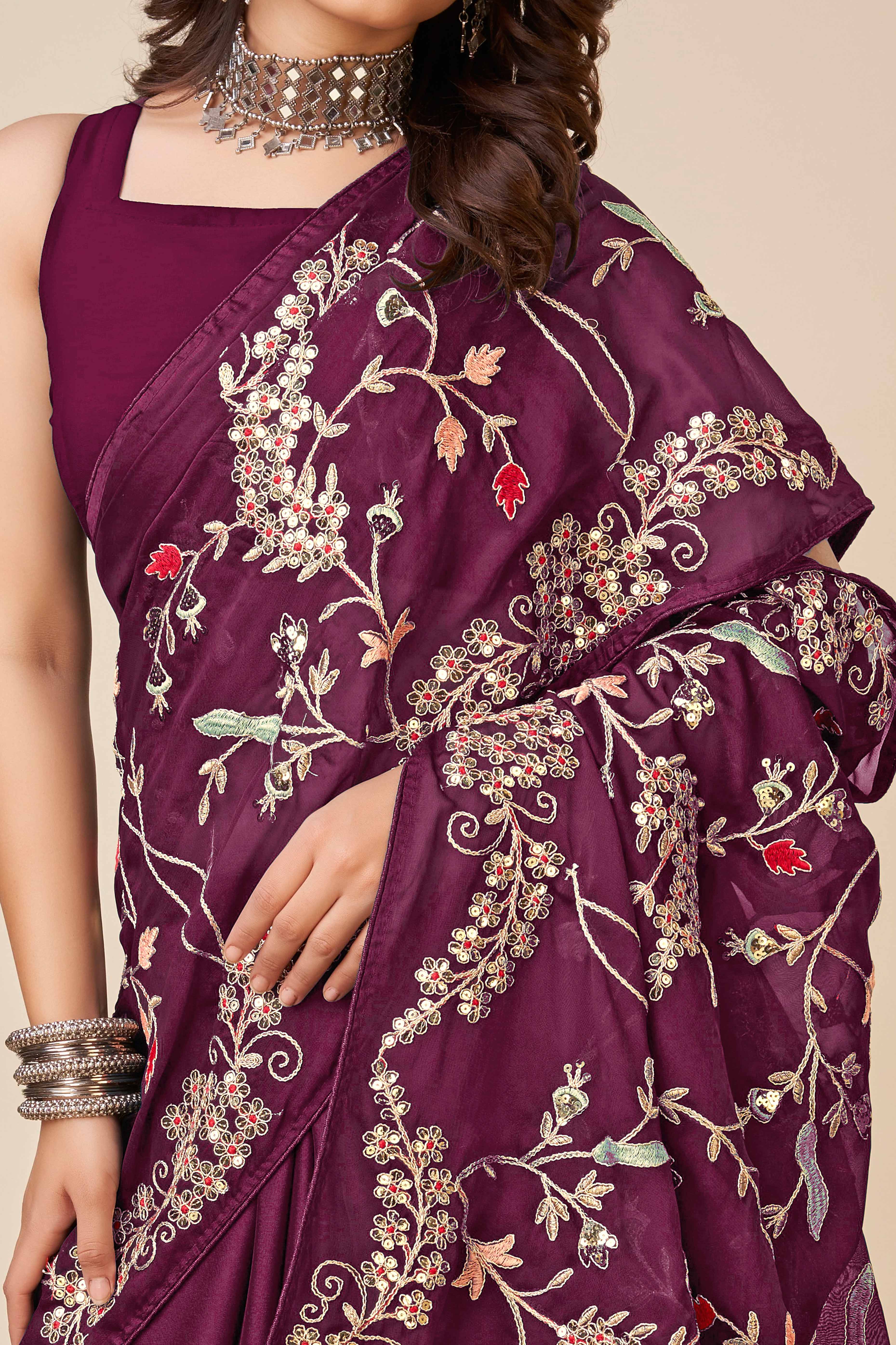 Wine Rangoli Art Silk Saree Featuring Intricate Floral Cording Embroidery & Sparkling Sequin Work