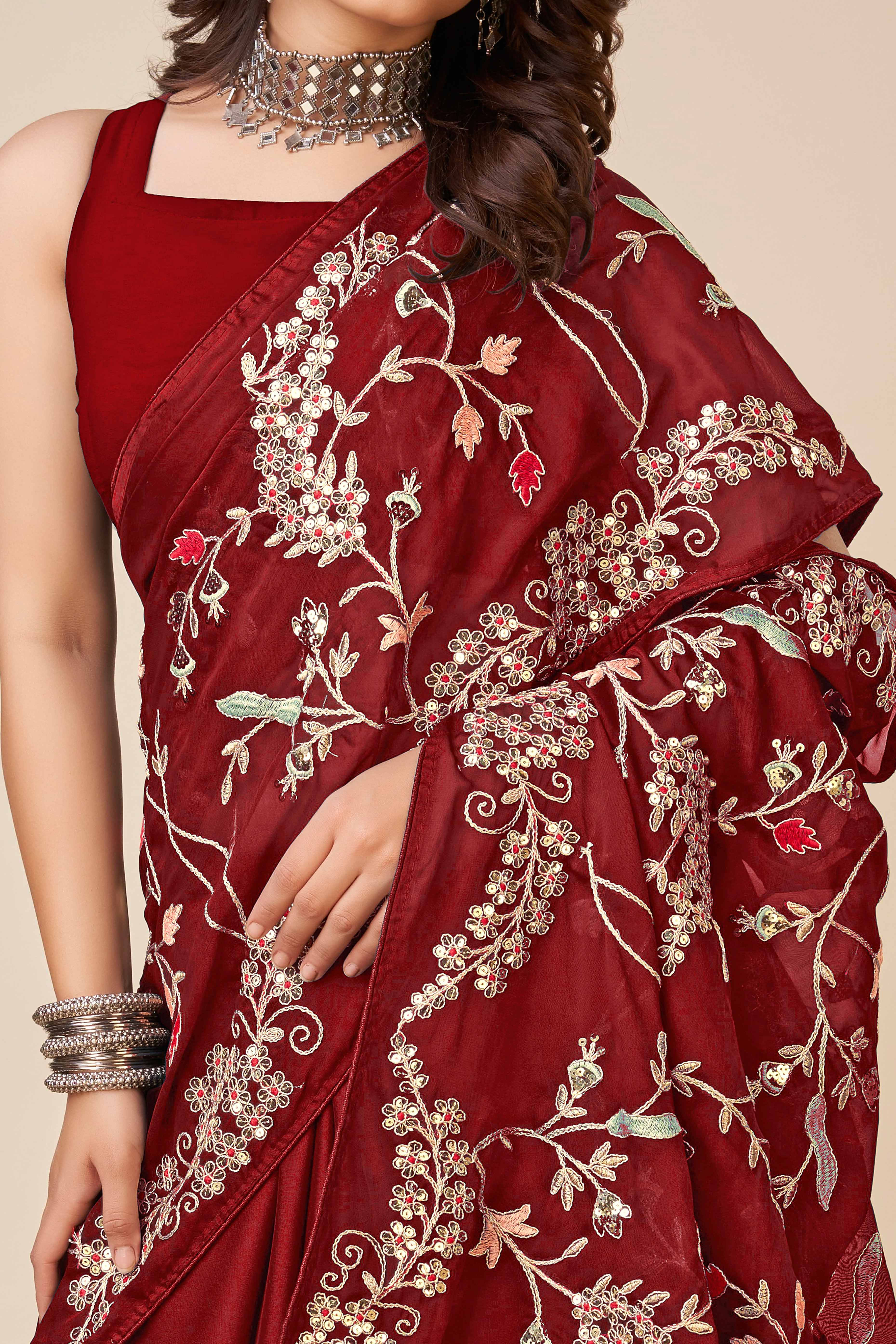Maroon Rangoli Art Silk Saree Featuring Intricate Floral Cording Embroidery & Sparkling Sequin Work