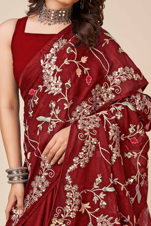 Maroon Rangoli Art Silk Saree Featuring Intricate Floral Cording Embroidery & Sparkling Sequin Work