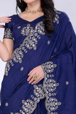 Blue Zari Embroidered Saree In Vichitra Silk With Shimmering Floral Sequins Work