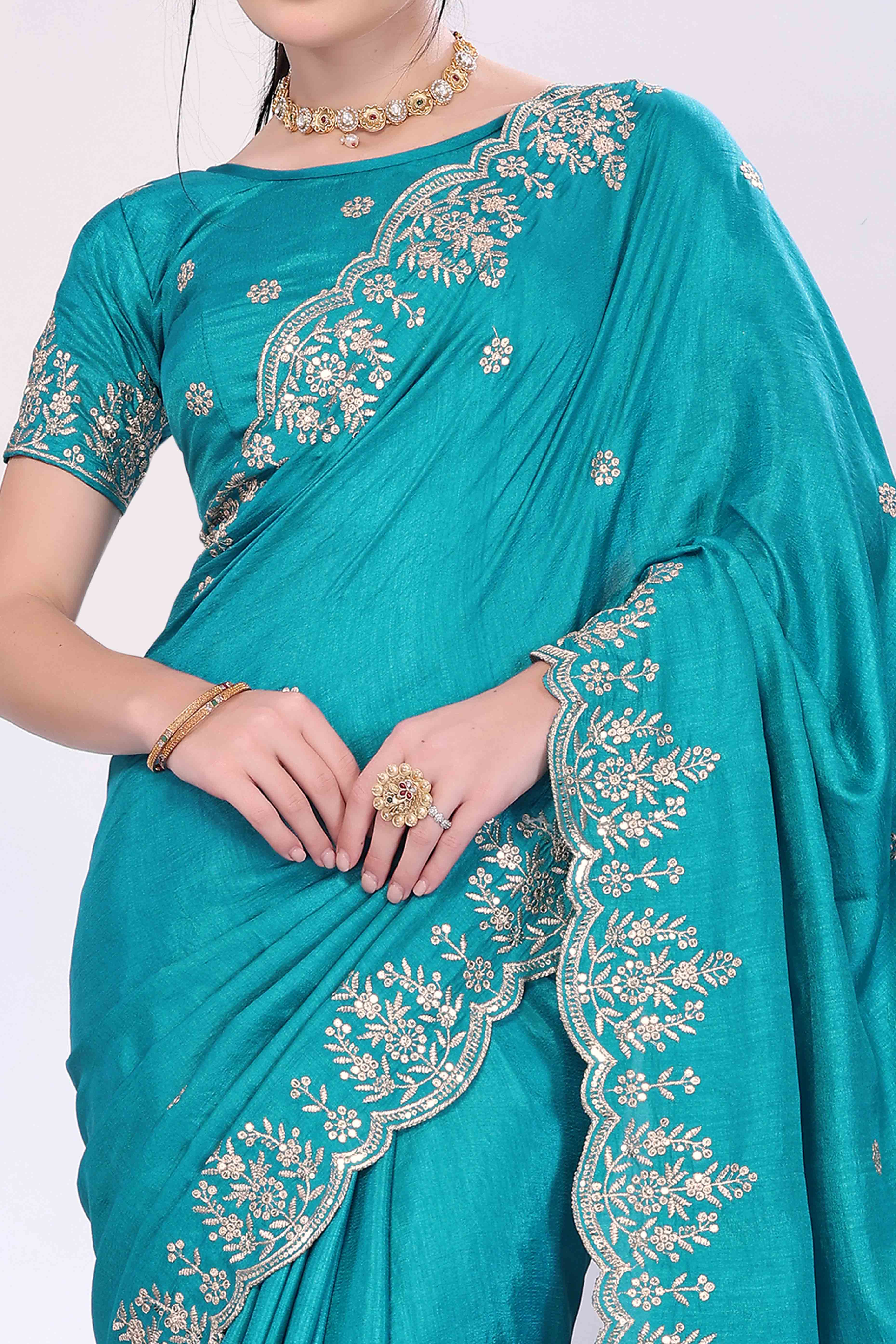 Turquoise Zari Embroidered Saree In Vichitra Silk With Shimmering Floral Sequins Work