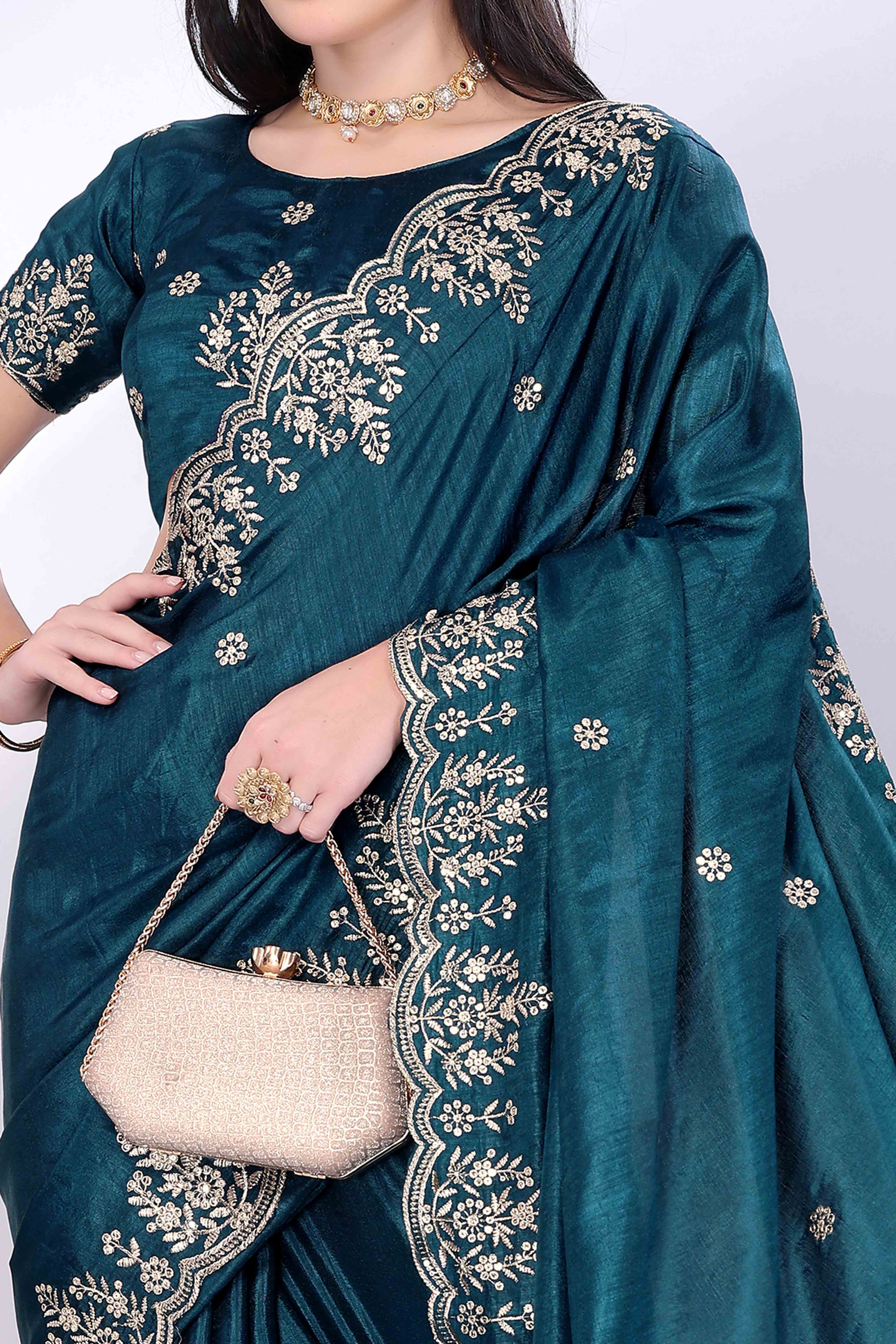 Morpich Blue Zari Embroidered Saree In Vichitra Silk With Shimmering Floral Sequins Work