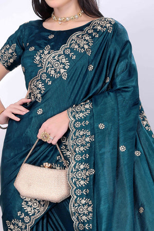 Morpich Blue Zari Embroidered Saree In Vichitra Silk With Shimmering Floral Sequins Work