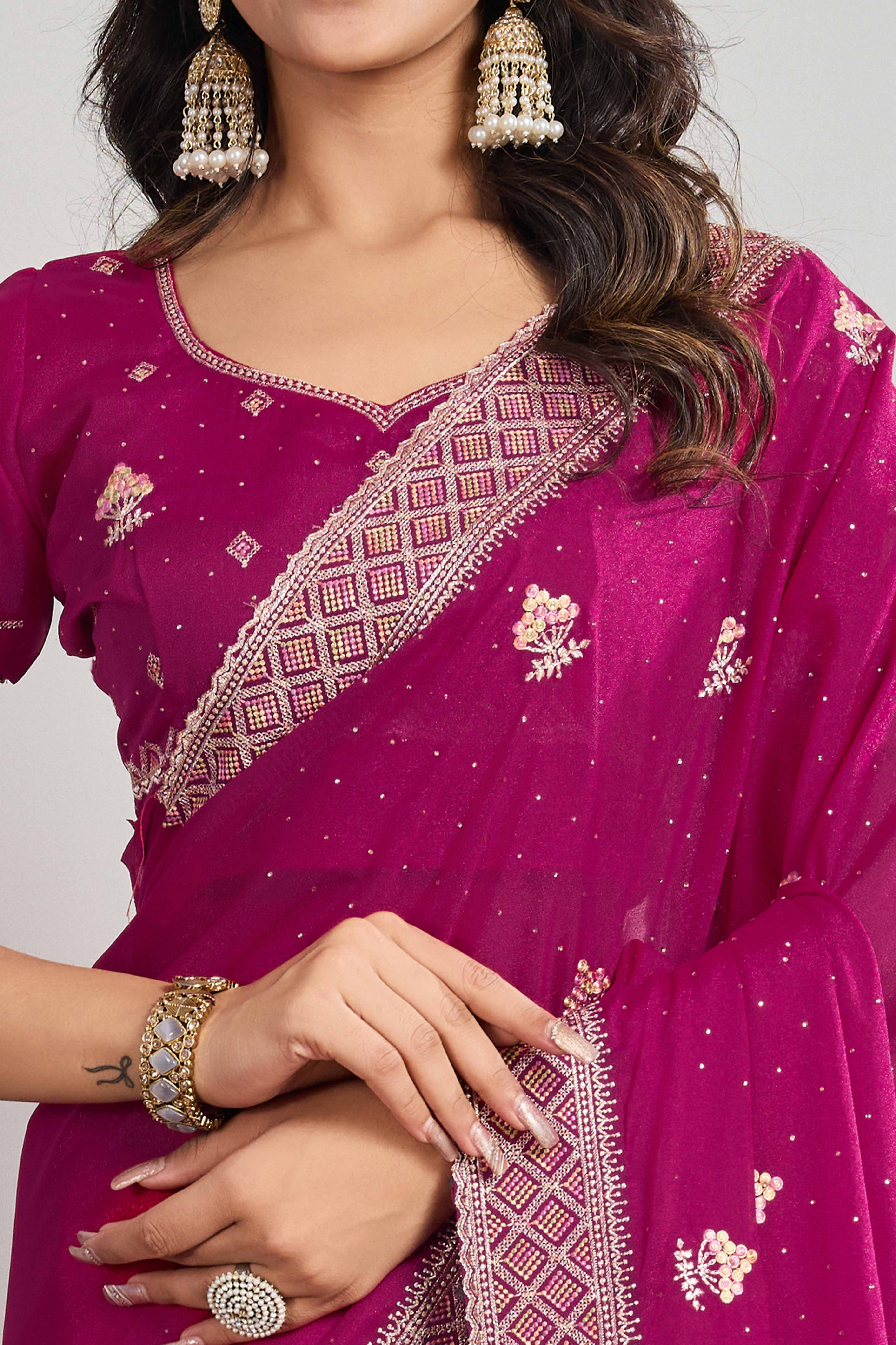 Pink Georgette Saree Featuring Embroidered and Stone Work