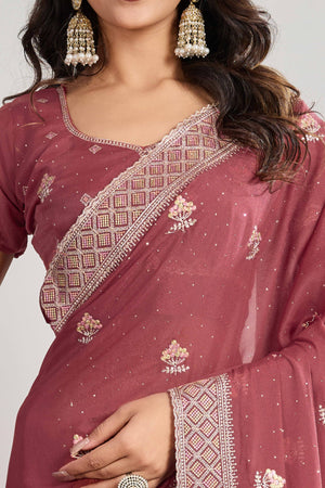 Mauve Georgette Saree Featuring Embroidered and Stone Work
