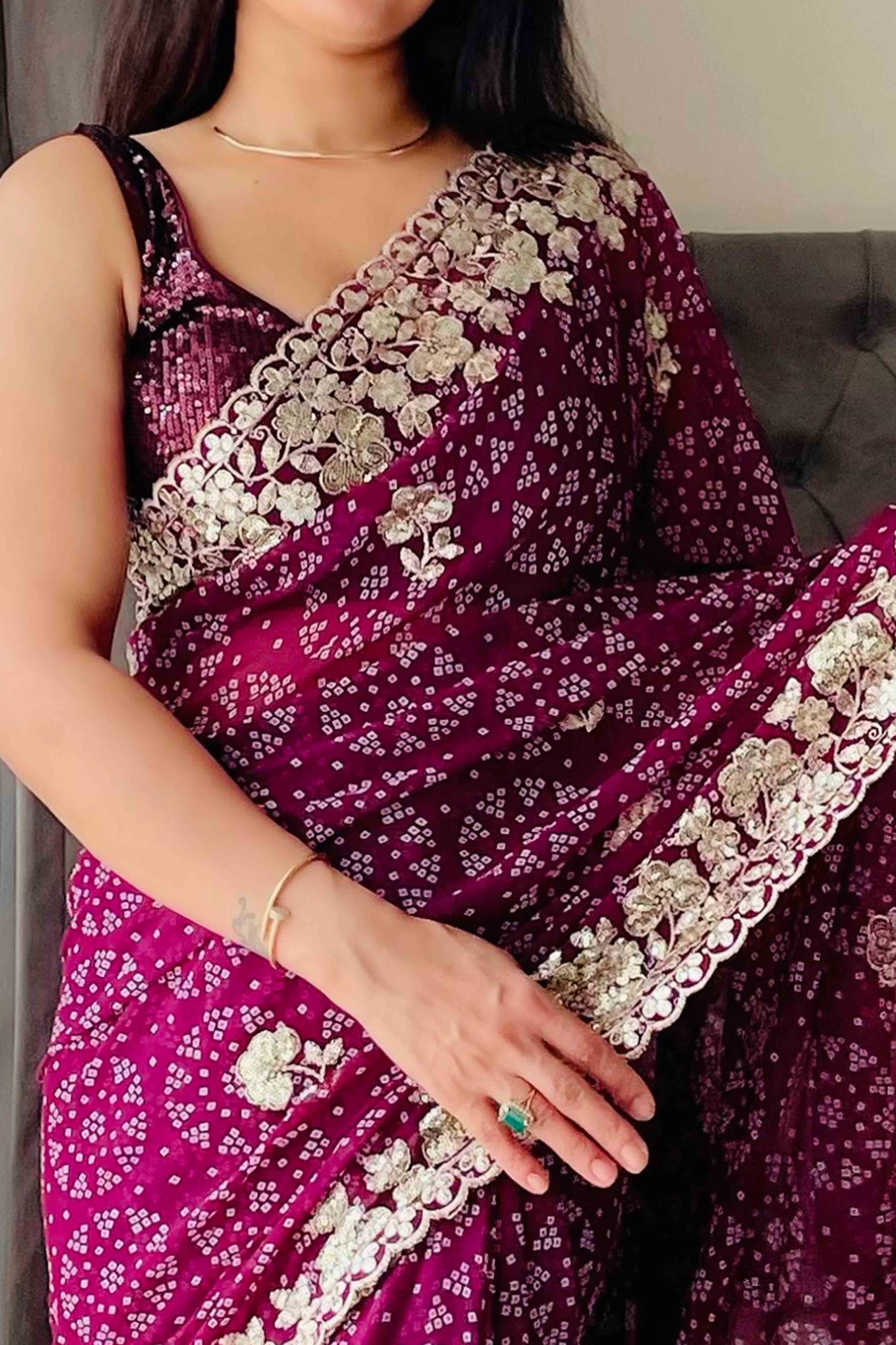 Deep Magenta Bandhani Printed Georgette Saree With Dazzling Floral Sequin Embroidery