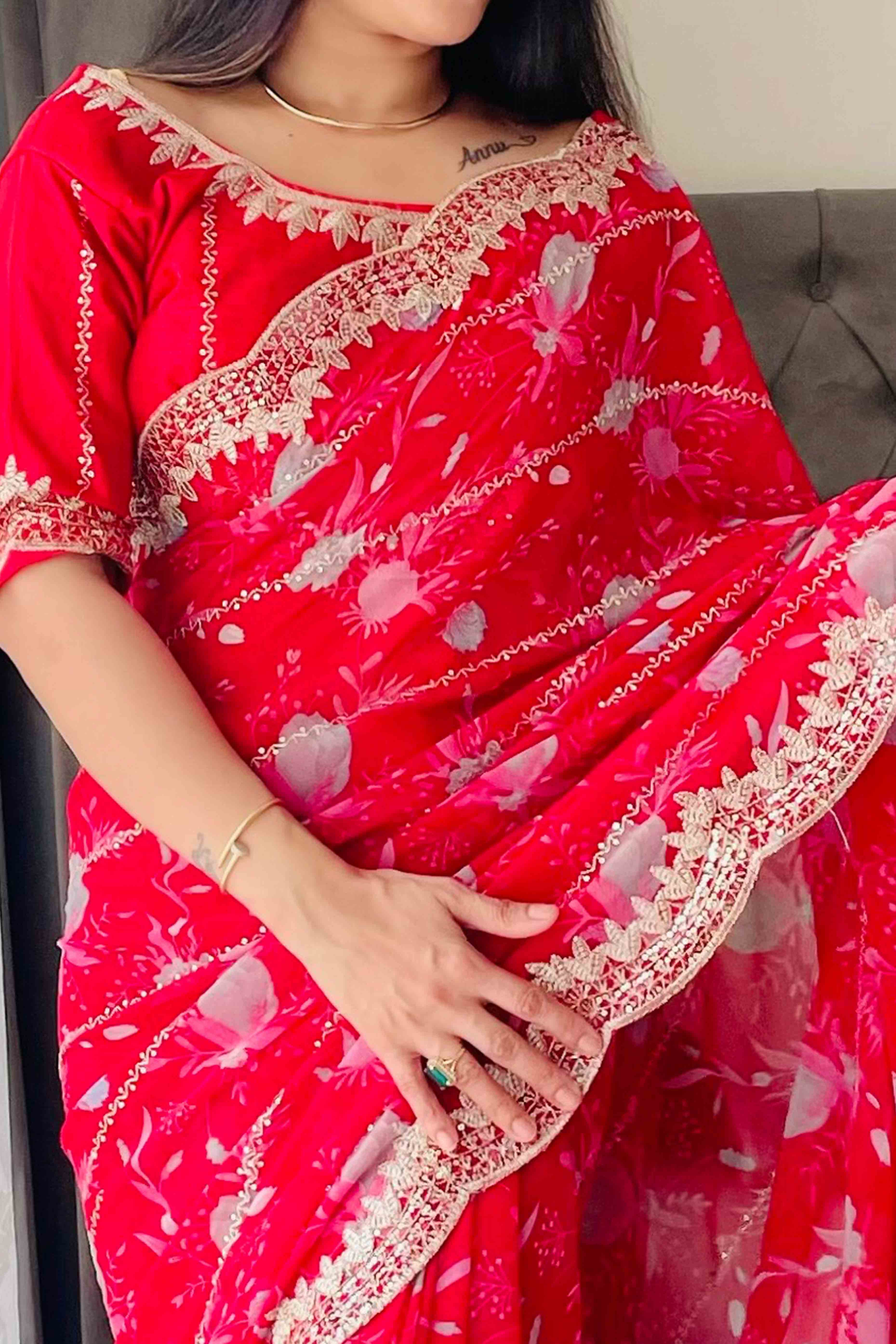 Rani Pink Floral Zari Embroidered Georgette Saree With Sparkling Sequin Embellishments
