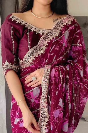 Wine Floral Zari Embroidered Georgette Saree With Sparkling Sequin Embellishments